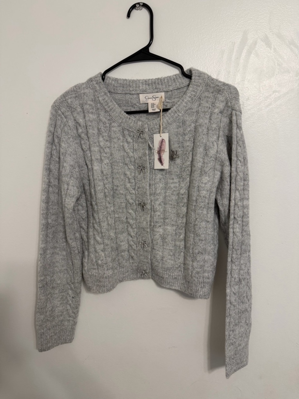 Light Gray Cable Knit Crewneck Cardigan Sweater